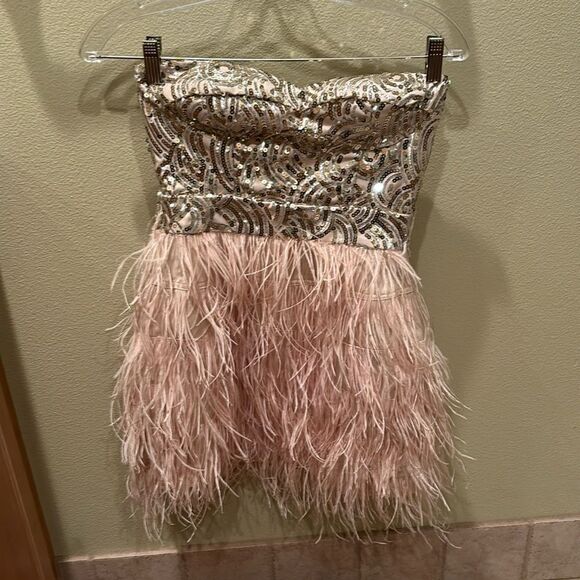 bebe Dresses & Skirts - Bebe strapless fringe and sequin dress. Top is gold and the fringe is light pink